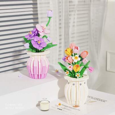 906pcs Purple Iris Flower Building Block Vase Decor, Eternal Flower Bouquet Assembly Toy, Home Decor, Valentine's Gift 958pcs Tulip Eternal Flower Building Block Bouquet With Vase, Desktop Decor, Mother's Day Birthday Gift, Viral Building Flower Bouquet With Vase Iris / Tulip Flower Building Block, Home Decor, Best Friend Birthday Gift