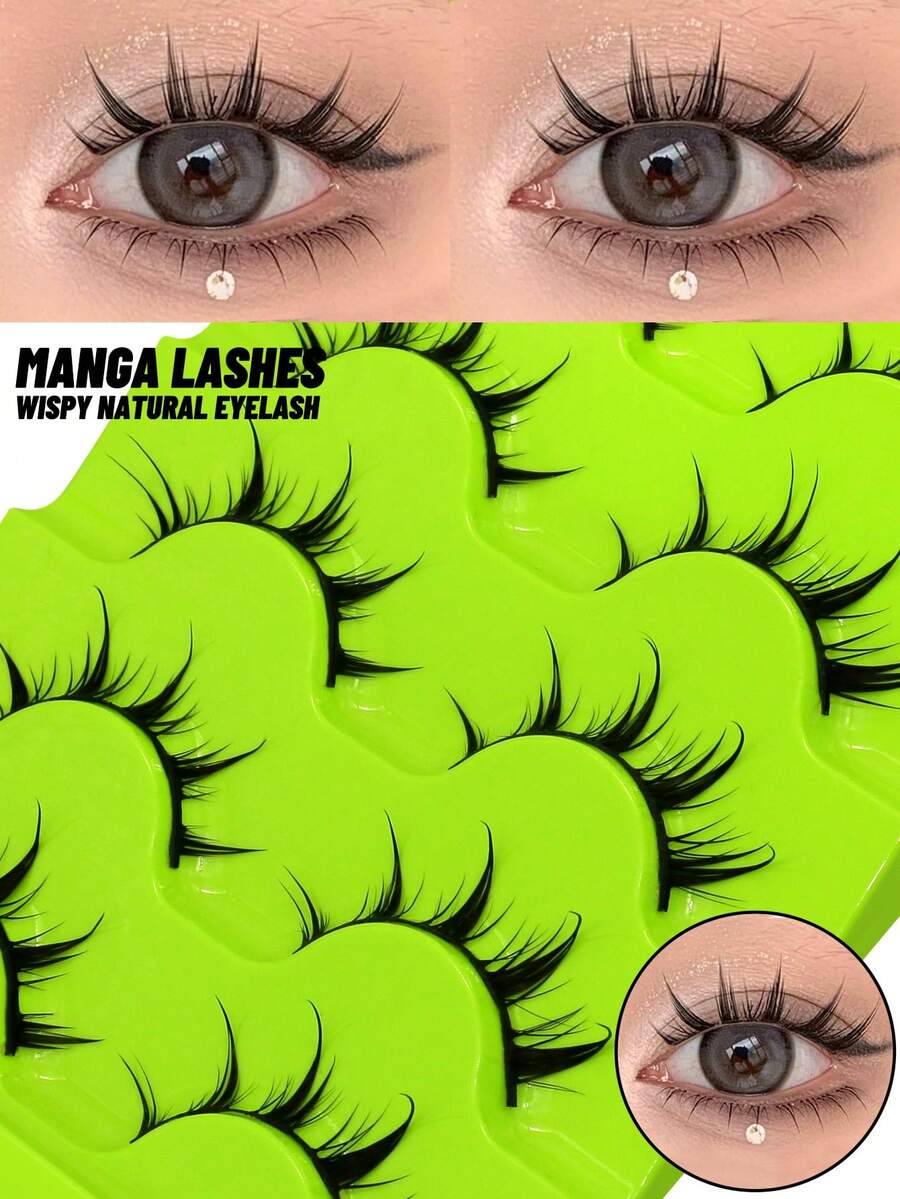 5对蓬松湿润感漫画假睫毛，浓密泰式动漫角色扮演假睫毛，尖刺造型，戏剧效果，上镜娃娃睫毛，自然妆效，适合派对佩戴 - 黑色 - 查看 1