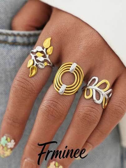 Frminee Bộ 3 chiếc/1 chiếc nhẫn nữ bằng thép không gỉ mạ vàng 18k kiểu cổ điển, phụ kiện trang sức mùa hè cho nữ, trang sức phương Tây, phụ kiện đi biển cho nữ.