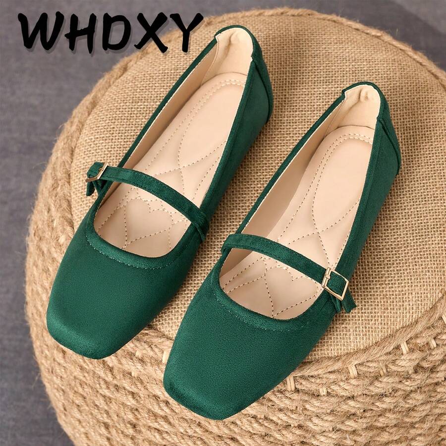 WHDXY Giày Mary Jane nhung xanh lá cây, giày bệt mũi vuông kiểu Pháp mới về, giày ba lê đế mềm quai ngang kiểu retro, phù hợp cho việc đi lại hàng ngày. - màu xanh lá - Xem 1