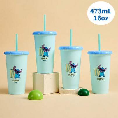 Miniso Bộ 4 cốc cà phê nhựa Disney Stitch, dung tích 473ml/16oz, thiết kế miệng rộng dễ rót và vệ sinh, có thể xếp chồng lên nhau để tiết kiệm không gian, lý tưởng cho nhà bếp và bàn làm việc văn phòng, món quà sinh nhật hoàn hảo (1 chiếc)