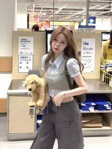 女士夏季蓝白条纹短袖衬衫和针织无袖背心两件套 - 藍白色 - 查看 6