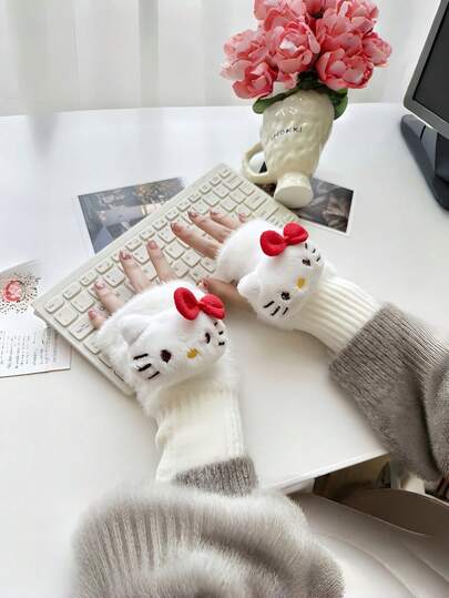 SANRIO 1 đôi găng tay nhung đính đá, dày dặn và ấm áp, thiết kế hoạt hình dễ thương, mềm mại và thoải mái, thích hợp cho mùa thu/đông.