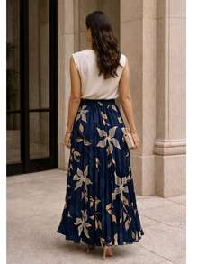 Long Pleated Crepe Skirt With Lining, Super Comfortable And Elegant, Ideal For All Occasions. - 藏蓝色 - 查看 2