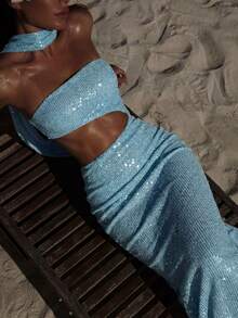 CHOSMO 优雅亮片露背女士礼服，浪漫派对礼服，简约晚礼服，适合婚礼、生日、周年纪念、毕业典礼、音乐会、鸡尾酒会、舞会、春季假期等场合。 - 淺藍色 - 查看 1