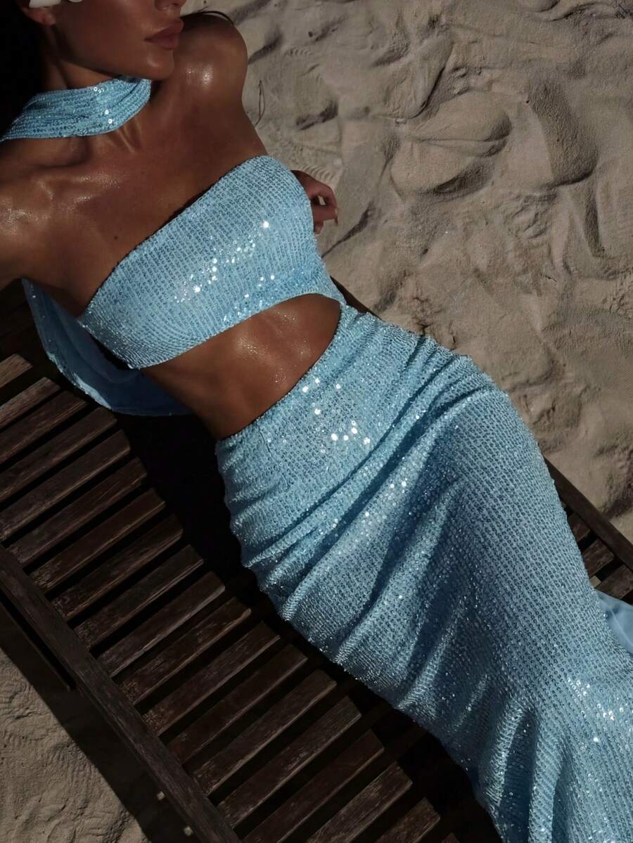 CHOSMO 优雅亮片露背女士礼服，浪漫派对礼服，简约晚礼服，适合婚礼、生日、周年纪念、毕业典礼、音乐会、鸡尾酒会、舞会、春季假期等场合。 - 淺藍色 - 查看 1