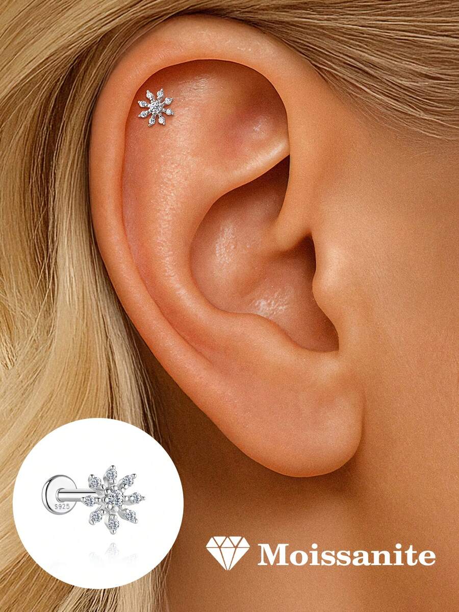1 chiếc khuyên tai bạc 925 cao cấp hình bông tuyết đính đá Moissanite, kiểu dáng phẳng, ít gây dị ứng, thích hợp cho nữ và bé gái đeo hàng ngày, quà tặng Ngày của Mẹ, quà cưới. - Bạc - Xem 1
