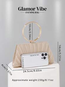 Glamor Vibe香槟色缎面褶皱手拿包，配圆形金属手柄，简约女士正式派对手提包，可装手机、口红、粉饼、钥匙等，适合派对、婚礼、舞会、正式场合、节日礼物，与亮片服装完美搭配。 - 香檳色 - 查看 5