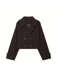 女士优雅单排扣插肩袖防风夹克，秋季服装 - 咖啡棕 - 查看 4