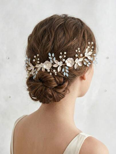 1pc Women's Elegant Gold Floral Pearl Hair Comb, Opal Rhinestone Bridal Hair Vine Accessory For Wedding Prom Party,Boho Bridal Hair Accessories Gold Leaf Flower Hair Comb With Pearl Crystal Headpiece For Women Wedding Bridesmaid