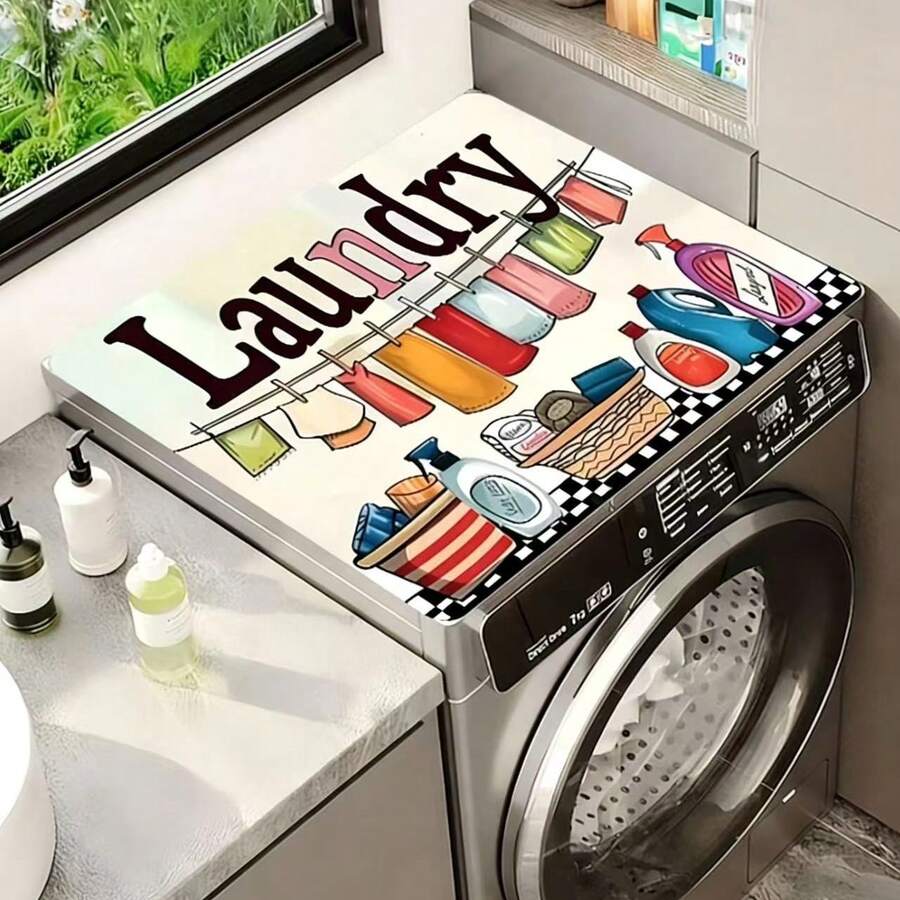 1 tấm lót kiểu bảng đen cho máy giặt và tủ lạnh, in hình hoạt hình, bảo vệ chống bụi cho máy giặt và máy sấy dùng trong phòng giặt và nhà bếp, vật dụng trang trí cho phòng giặt, nhà bếp và bàn ăn.