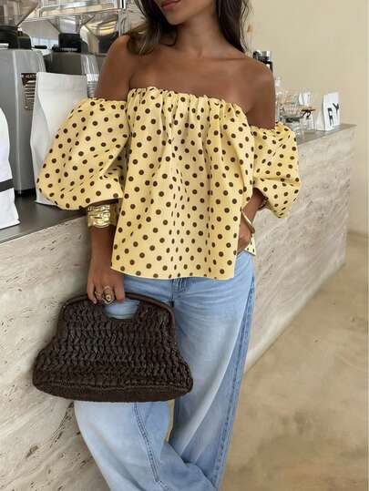 Women's Polka Dot Contrast Color Pleated Off-Shoulder Top, Suitable For Beach And Everyday Wear, Spring/Summer