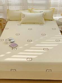 Juego de 3 piezas de ropa de cama, con patrón de oso lindo, ligero y suave y cómodo, que incluye 1 sábana ajustable y 2 fundas de almohada, sin relleno, adecuado para dormitorio, habitación, con opciones de varios tamaños, apto para uso en verano - Amarillo claro - Ver 4