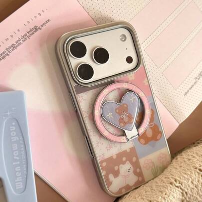 Hình dán gấu nam châm viền bạc GUCADI hình trái tim + Đế nam châm hình trái tim mạ vàng xanh & hồng, tương thích với ốp lưng 17 Pro Max, 16 nam châm, 14 hình gấu hoạt hình nhiều màu, 13 đế nam châm, 15 kiểu dáng ngọt ngào, nữ tính, sáng tạo, hoạt hình, tươi mới, độc đáo, dịu dàng, phong cách .