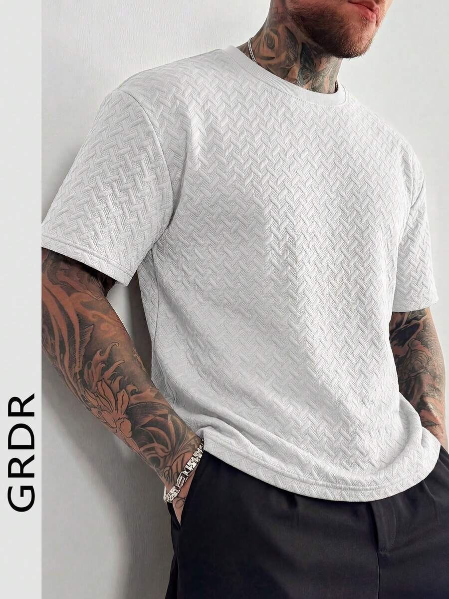 GRDR Men's Spring/Summer New Outdoor Casual Fashion Textured Minimalist Solid Color Short Sleeve T-Shirt - White - View 1