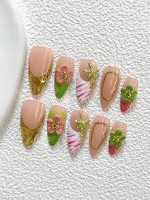 10Pcs Exquisite Fairy Style Handmade Press On Nail,Polygel Nail Set,Golden Starfish,Pink Five Petaled Flower,Gold And Green Nail Polish,Summer Vacation Style,Includes Nail Tools,3 Sizes Available,Almond,Duck,Coffin Nails For Party,Dance,Daily Wear. - 彩色 - 查看 11