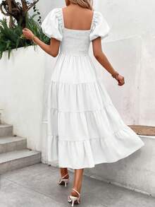 Women's Casual Summer Midi Dress With Puff Short Sleeves, Square Neck, Smocked Waist And Tiered Ruffle Hem. - 白色 - 查看 3