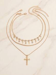 Set de 3 collares de múltiples capas con cruz de lujo vintage, colgante de cruz con strass y borlas, adecuado para uso diario, fiestas, festivales de música, Ascensión, longitud personalizable - Multicolor - Ver 2