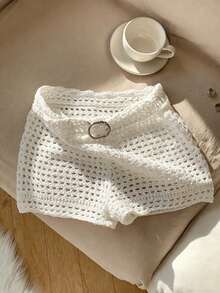Pantalones cortos con cinturón de cintura calados para mujer para vacaciones de verano - Blanco - Ver 11