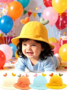 1顶 3-6个月/6-12个月 春秋季卡通爱心刺绣字母婴儿遮阳帽，透气防紫外线，适合25℃及以上气温 - 1PC - 查看 1