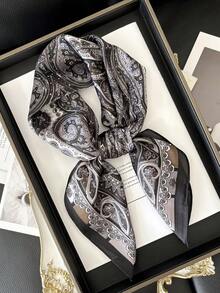 1pc Bohemian Paisley Pattern Men's Faux Silk Scarf, Size 27.5 Inches X 27.5 Inches, Fashionable Design, Suitable For Daily Wear, Beach Cover Up - Black - View 2