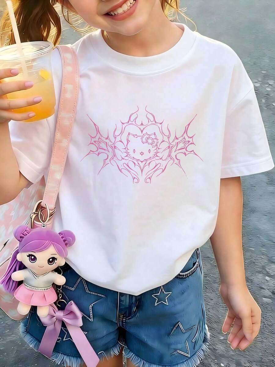 SANRIO Pink Y2K - Style Hello Kitty With Bat Wings & Heart - Shaped Floral Frame Print White Short Sleeve T - Shirt For Girls - Soft Cotton Top Matched With Star - Embroidered Denim Shorts (Frayed Hem) & Plush Doll Keychain Bag Ornament - Ideal For Daily Wear & Casual Outfits Girls Sets - 白色 - 查看 1