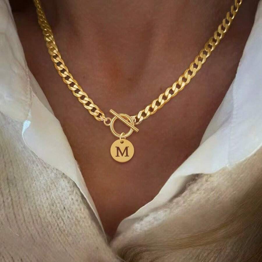 1pc Minimalist Gold Hollow Letter Pendant Necklace For Women, Stainless Steel Chain - Yellow Gold - View 1