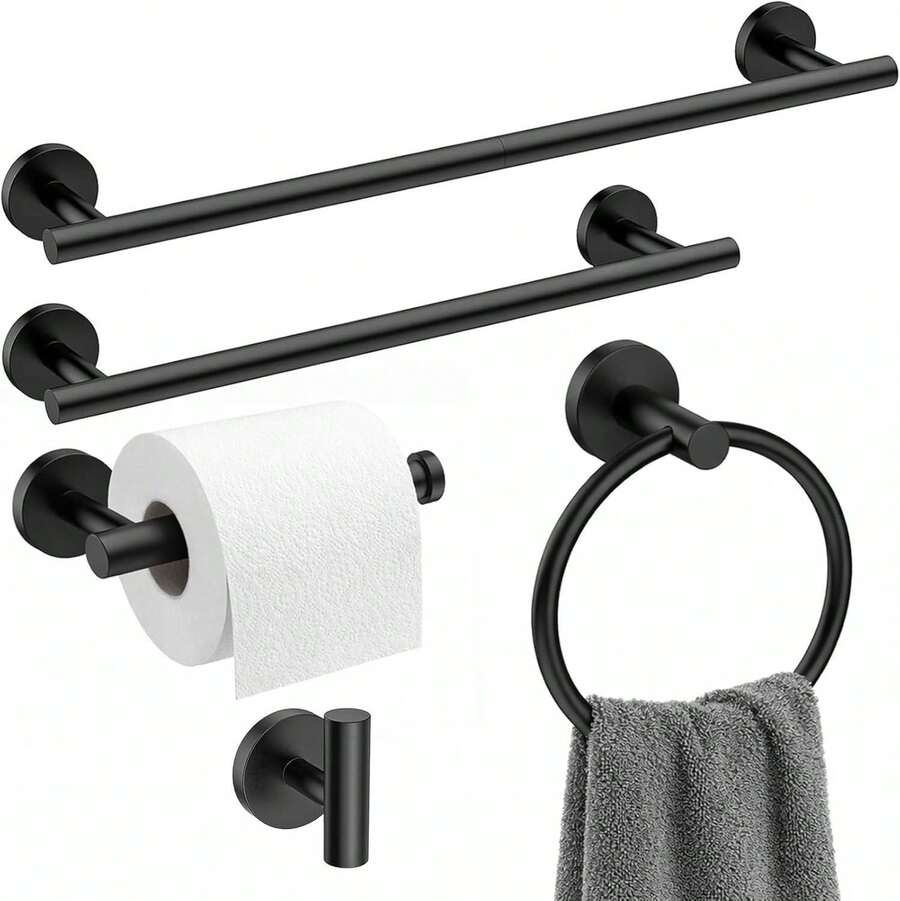 Matte Black Bathroom Hardware Set Of 5 Pieces, SUS304 Stainless Steel Bathroom Accessory Set, Including 24 Inch And 16 Inch Towel Bars, Toilet Paper Holder, Towel Ring, Clothes Hook, Wall Mounted Circular - 五件套 - 查看 1