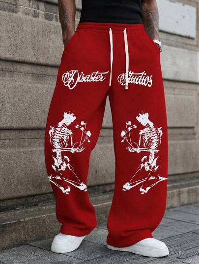 American Streetwear Red Skull & Rose Print Wide Leg Sweatpants, Loose Casual Straight Leg Pants For Men, Summer