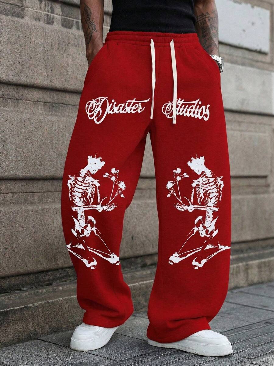 Quần thể thao ống rộng in hình đầu lâu và hoa hồng đỏ của American Streetwear, kiểu dáng rộng rãi, thoải mái dành cho nam giới, thích hợp cho mùa hè. - Đỏ - Xem 1