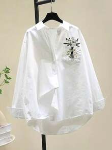 花卉印花前短后长雏菊刺绣白色长袖衬衫，宽松休闲上衣，女士春季减龄上衣 - 白色 - 查看 1