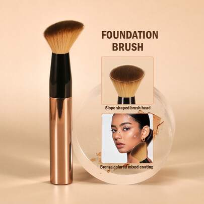 1pc Large Foundation Brush, Blush Brush, Angled Brush Head, Soft Fiber Material, Aluminum Metal Handle, Portable, Suitable For All Seasons. Travel Powder Brush, Gift For Women And Girls, Multipurpose Makeup Tool For Foundation, Concealer, Blush, Contouring, Bronzer, Etc.