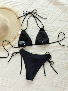 Conjunto de bikini con decoración floral 3D, vacaciones de verano en la playa negra - Negro - Ver 5