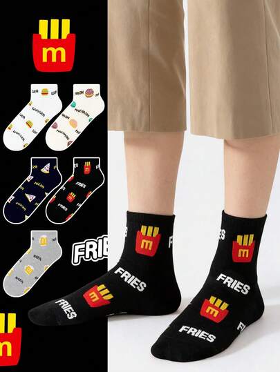 5 đôi tất nam màu đen, trắng, xám in hình hoạt hình ngộ nghĩnh với chữ cái, khoai tây chiên, bánh mì kẹp thịt, pizza, bia, thiết kế nghệ thuật, thích hợp cho du lịch, ở nhà, văn phòng, quà tặng ngày lễ.