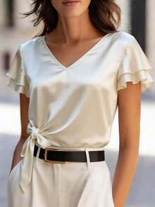 女士优雅缎面V领双层荷叶袖系带衬衫，适合办公室、通勤、下午茶等场合，时尚休闲短袖衬衫，夏季之选 - 香檳色 - 查看 6