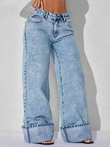 Low Waist Wide Leg Casual Blue Slanted Pocket Curved Women'S Jeans Summer Spring - Baby Blue - View 6