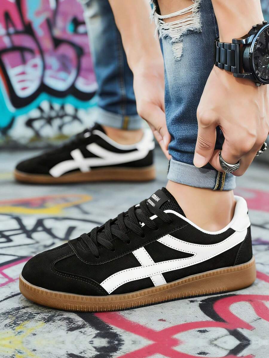 Men's Black And White Urban Sneakers, Minimalist Contrast Stitching On Upper & Soft EVA Midsole For All-Day Comfort - 黑色 - 查看 1