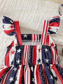 1pc Toddler Girls' Casual 4th Of July Bowknot & Star Striped Pattern Soft Romper With Flutter Sleeves, Suitable For Outdoor Wear, Spring/Summer - Multicolor - View 5