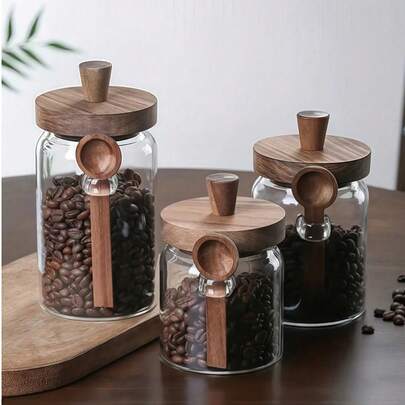 1/3 Glas Vorratsglas mit Holzdeckel und Löffel, luftdichter Küchen-Vorratsbehälter für Gewürze, Kaffee, Süßigkeiten usw., dickeres Glas, wiederverwendbar, nur Handwäsche, Variationen in Holzdeckelfarbe und Maserung sind normal, ideal für den Schulanfang