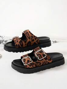 Leopard Print Double-Buckle Sandals For Women, Thick Sole Slip-On Slippers, Fashion Versatile Summer Outdoor Slides - Leopard Brown - View 5