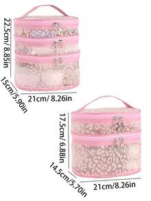 1个少女粉色豹纹网眼化妆包，奢华椭圆形多层圆筒化妆包，大容量便携旅行洗漱用品收纳包 - 彩色 - 查看 9