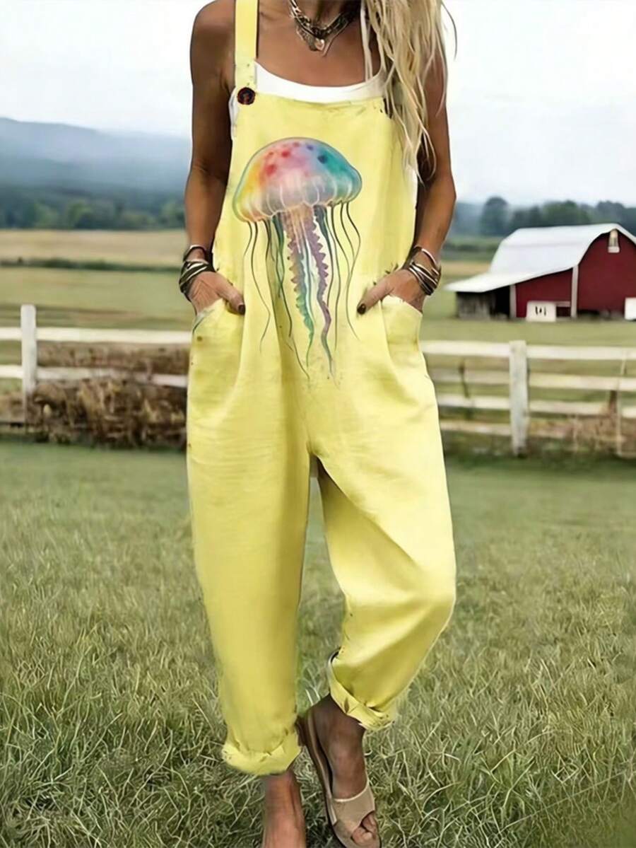 Jellyfish Pattern Print Women's Adjustable Strap Jumpsuit, Polyester Fiber Fabric, Lightweight And Breathable, Women's Clothing, Regular Women's Clothing, Women's Jumpsuits And Rompers, Women's Jumpsuit, Women's Plus Size Jumpsuit - 彩色 - 查看 1