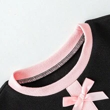 Spring/Summer Girls Casual Cute Colorblock Bow Decor Round Neck Short Sleeve Top & Wide Leg Pants 2 Pieces Set - Black - View 3