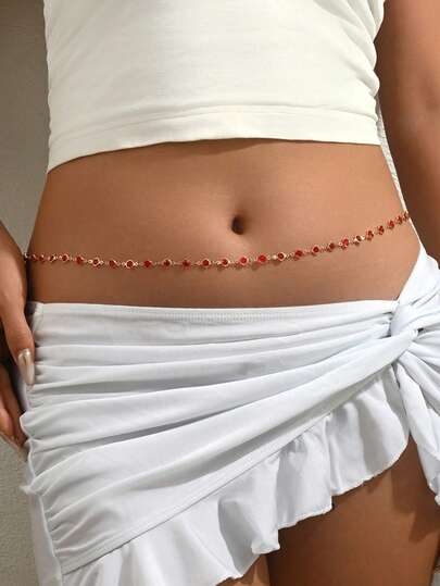 1pc Elegant Minimalist Red Faux Crystal Disc Chain Waist Belt, Suitable For Beach Vacation, Valentine's Day, Birthday, Holiday Gift