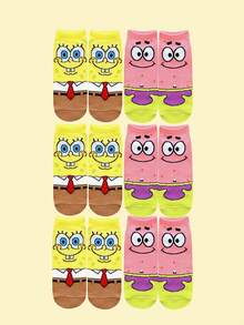 SpongeBob SquarePants 6/2 Pairs Women's Yellow & Pink Square Pattern & Printed Short Socks, Polyester Fabric, Breathable Soft Lightweight, Cute Cartoon Style, Suitable For Spring Casual Daytime And Nighttime Sleepwear - Multicolor - View 8