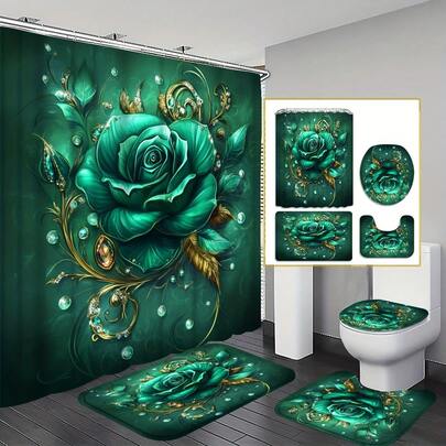 Bộ 4 món rèm tắm Emerald Rose, lấy cảm hứng từ đá quý và cây cỏ. Bao gồm 12 móc treo, rèm tắm đa năng chống thấm nước, thảm tắm chống trượt, thảm chữ U cho bồn cầu, tấm che nắp bồn cầu, vật trang trí và vách ngăn phòng tắm. Có thể giặt máy. Tạo không gian phòng tắm nhẹ nhàng và thư thái. Món quà trang trí nhà cửa tinh tế và thiết thực, cần thiết cho mọi gia đình.