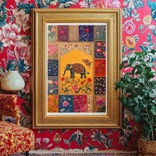1幅莫卧儿风格大象拼贴艺术海报 - 复古大象绘画，适合竖向悬挂，莫卧儿艺术印刷品，无框民间艺术装饰，适用于客厅、卧室、办公室 - 文化装饰 - J - 查看 4