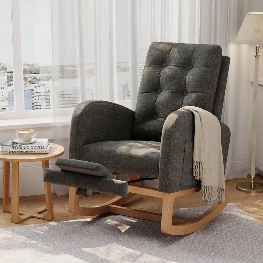 Huisuilinss Nursery Rocking Chair,Comfortable Glider Rocking Chair With Teddy Fleece Upholstery,High Backrest,Wooden Legs,Rocking Accent Armchair With Side Pocket For Living Room Bedroom - Dark Gray Linen With Footrest - View 1