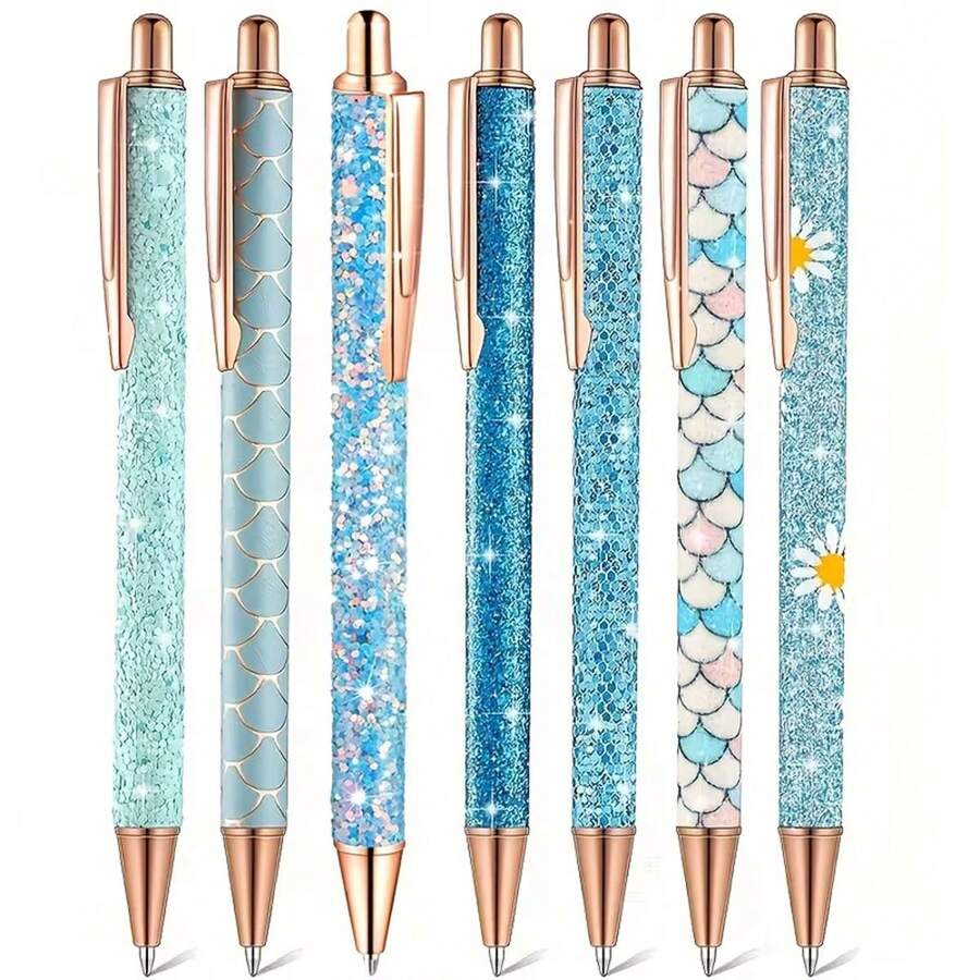 7 piezas Bolígrafos retráctiles lindos, diseño de escamas de sirena y flor de margarita con ribete de oro rosa, tinta negra de 1.0 mm, adecuado para diario, oficina, estudio, gran regalo para mujeres, niñas, maestros, estudiantes, escritura suave, agarre cómodo, variedad de patrones adorables, ideal para cumpleaños, Día de la Madre, Navidad y regalos festivos