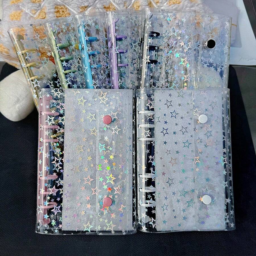 A6 Portable Shiny Star Transparent Binder, Transparent Binder Sticker Book, Sticker Book, Transparent Refill Paper, Stamp Book, Candy Sticker Storage Box, Sealed Photo Storage Bag, Photo Album, Budget Planner, Diary, Notebook, Office Supplies - A6 Stars - View 1